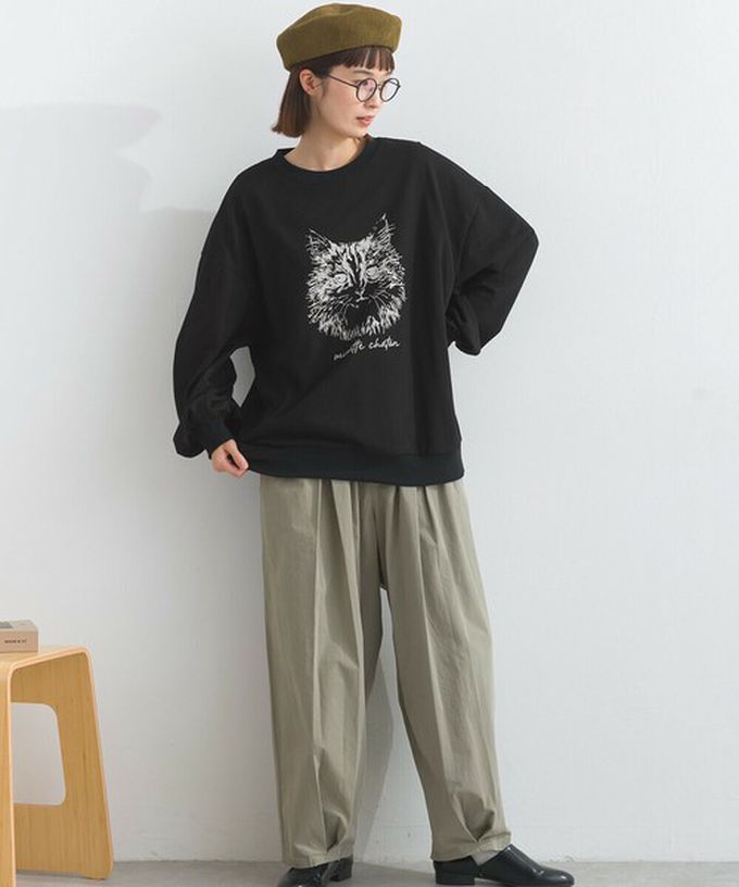 日本 Lupilien - 線條貓咪印花裏毛長袖上衣-藍