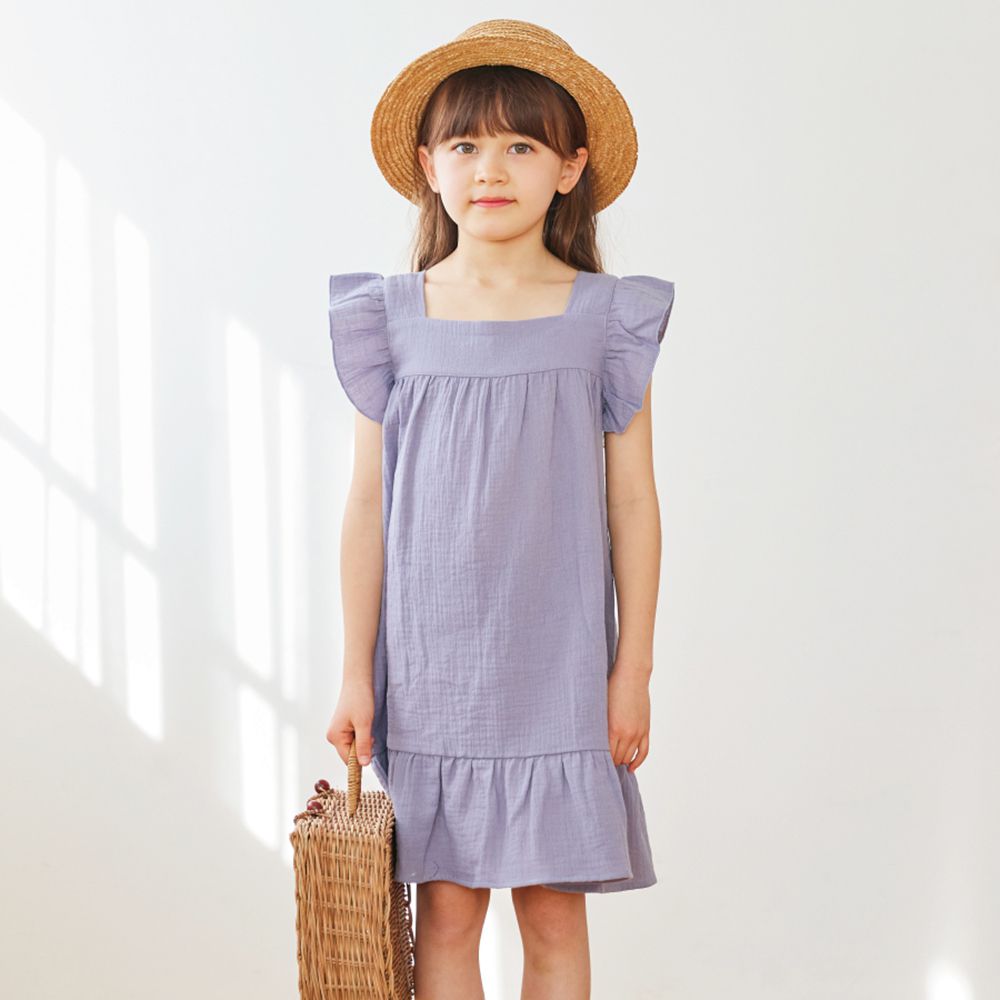 日本 evercloset - 小清新純棉柔軟荷葉袖洋裝-藍紫