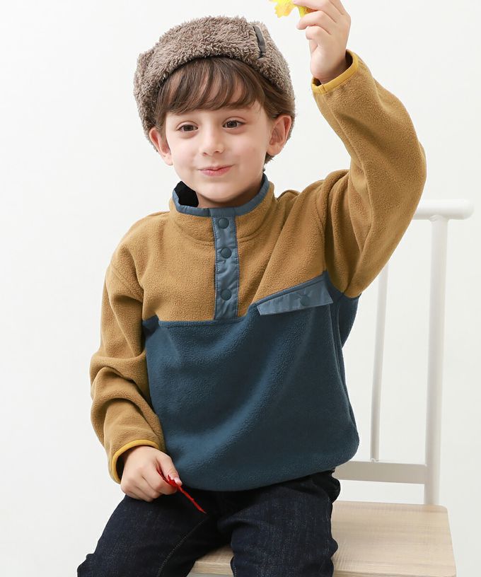 日本 devirock - 搖粒絨配色保暖休閒長袖上衣-米