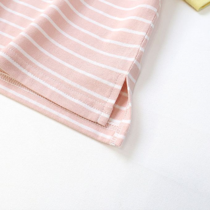 日本 ZOOLAND - 水果造型領天竺棉短袖上衣-檸檬條紋-粉紅x白