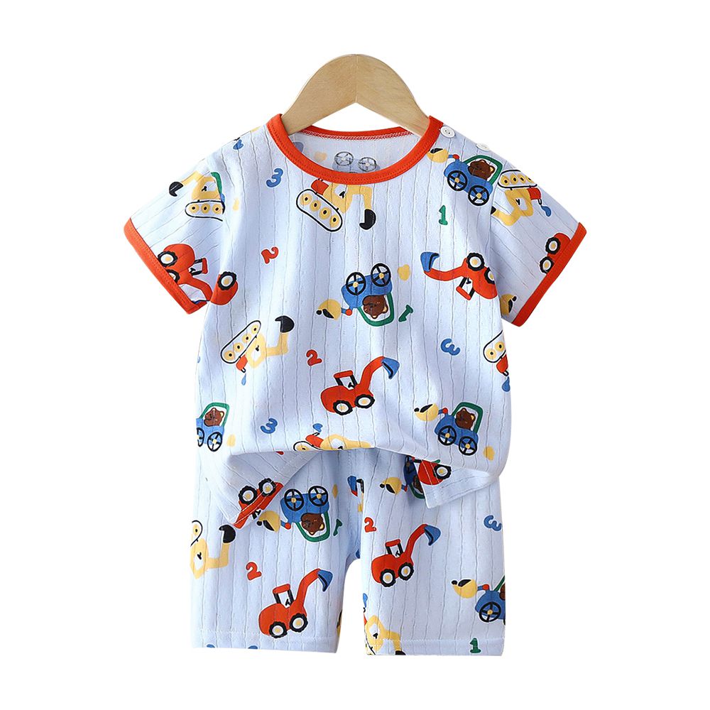 薄款純棉短袖套裝 兒童短袖睡衣 短褲童裝組-藍底挖機