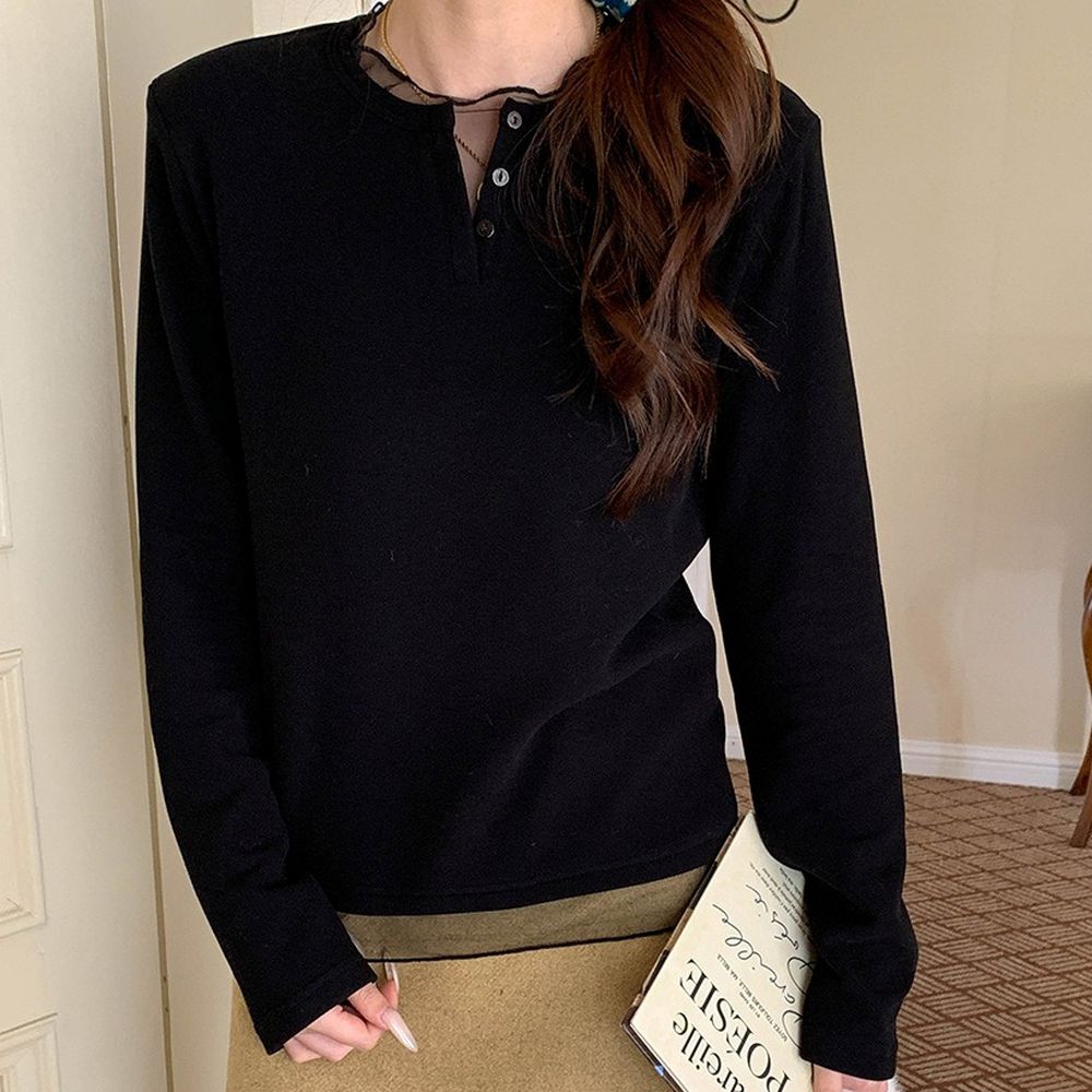 溫柔系V領鈕扣網紗拼接長袖上衣-黑 (F)