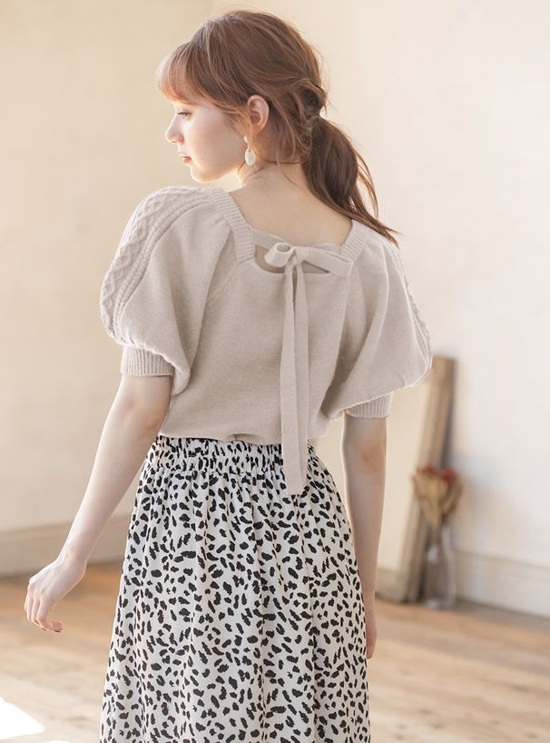 日本 GRL - 麻花澎澎短袖美背蝴蝶結針織上衣-天使藍 (Free)