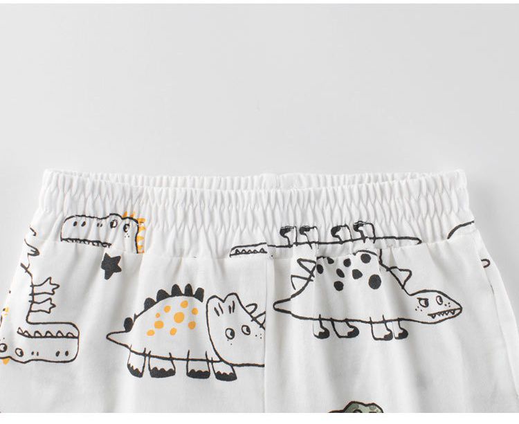純棉腰鬆緊休閒五分褲-塗鴉綠恐龍-米白色