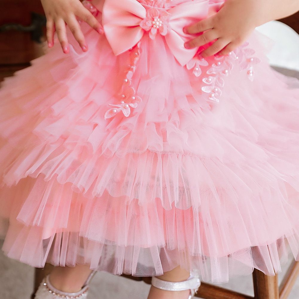 蕾絲網紗無袖蛋糕公主裙-立體蝴蝶結-粉色