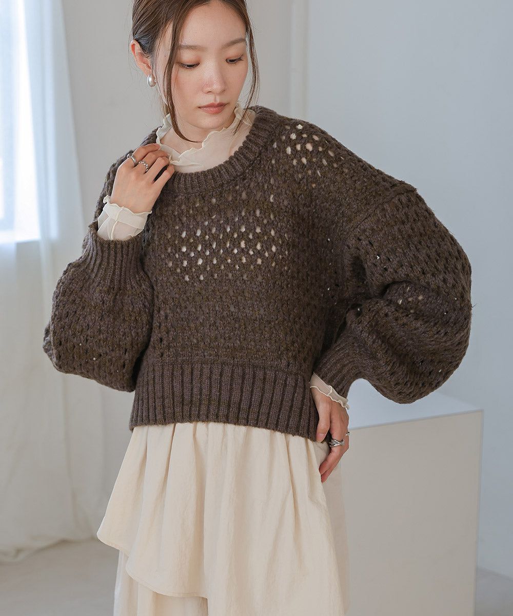 日本 Bab - 混羊毛設計感網格針織上衣-摩卡