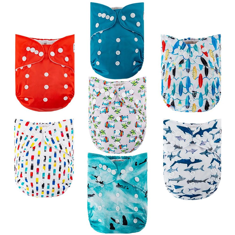 Nora's Nursery - 成長型口袋式布尿布-7件組 送收納袋 附尿墊-衝浪季節 (4.5~16公斤)