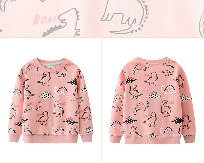 Jumping meters - 棉質圓領長袖上衣/大學T-可愛恐龍-粉色