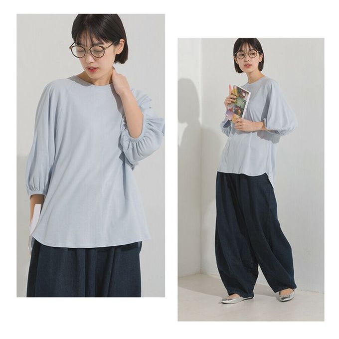 日本 OMNES - 抗透汗 薄透氣球七分袖上衣-水藍