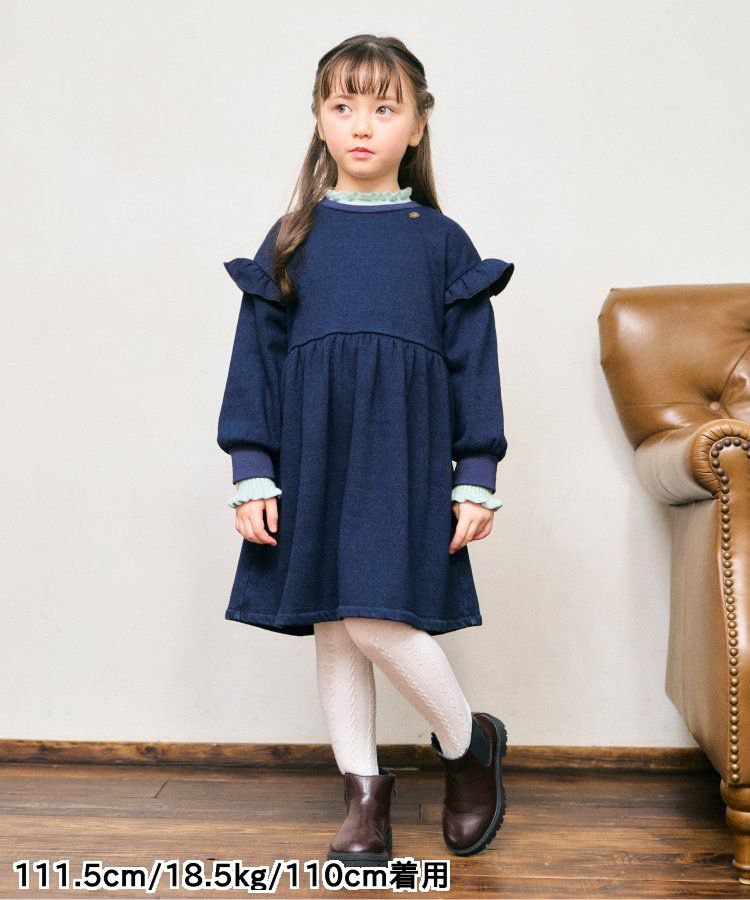 日本 apres les cours - [推薦]內刷毛溫暖荷葉長袖洋裝-丹寧-海軍藍