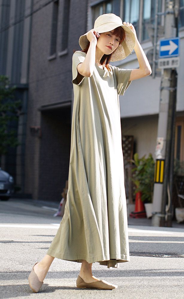 日本 zootie - 抗透汗 純棉修身短袖洋裝-圓領-煙燻藍