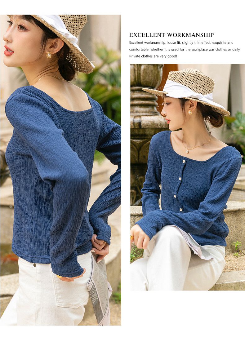 基礎百搭方領長袖上衣-藍色