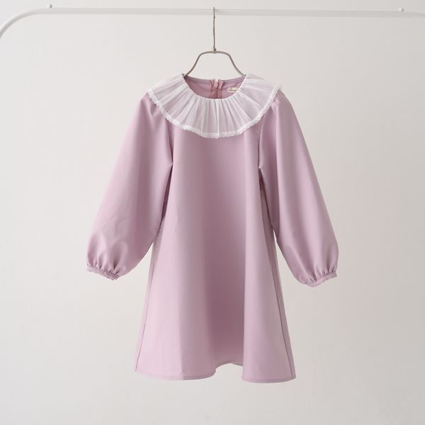 日本 Lycee mine - 薄紗領光澤面料長袖洋裝-粉紅