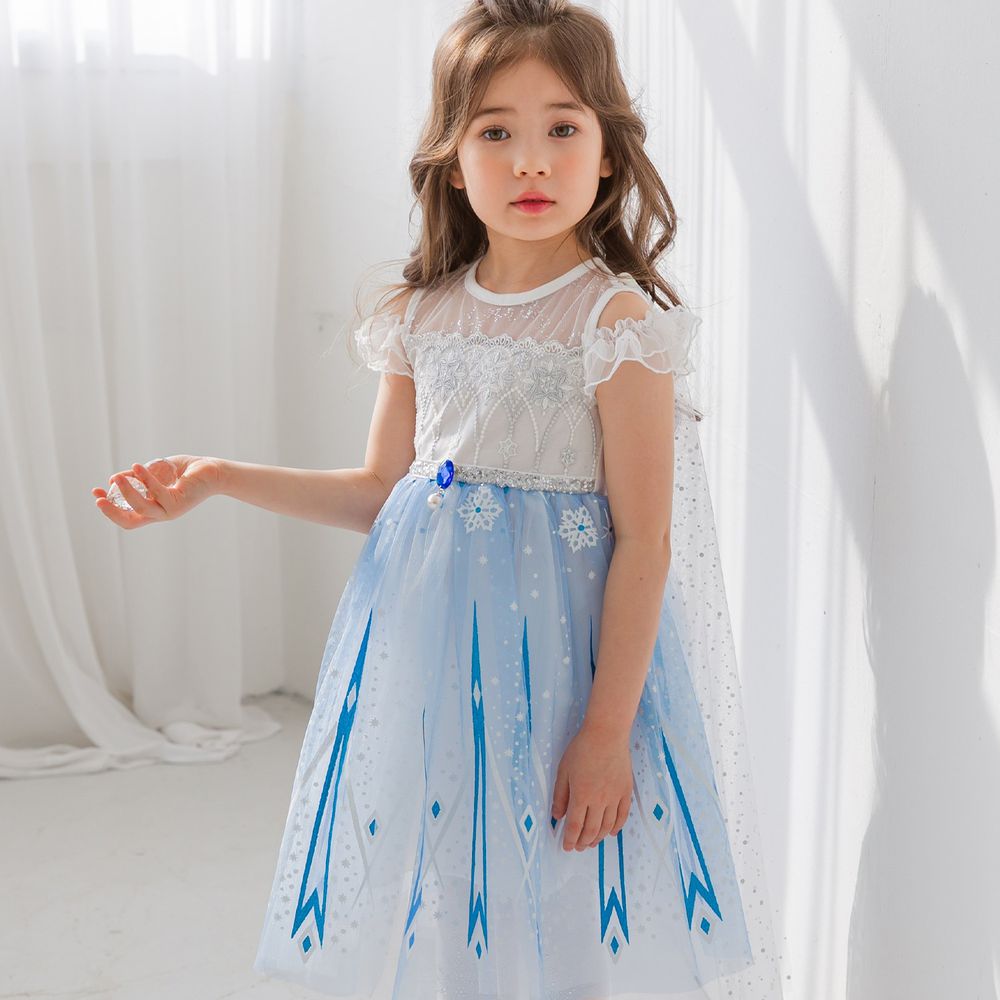 韓國 mari an u - (剩9號)冰雪奇緣2同款-艾莎洋裝(披風可拆,露肩款)-雪花白X藍