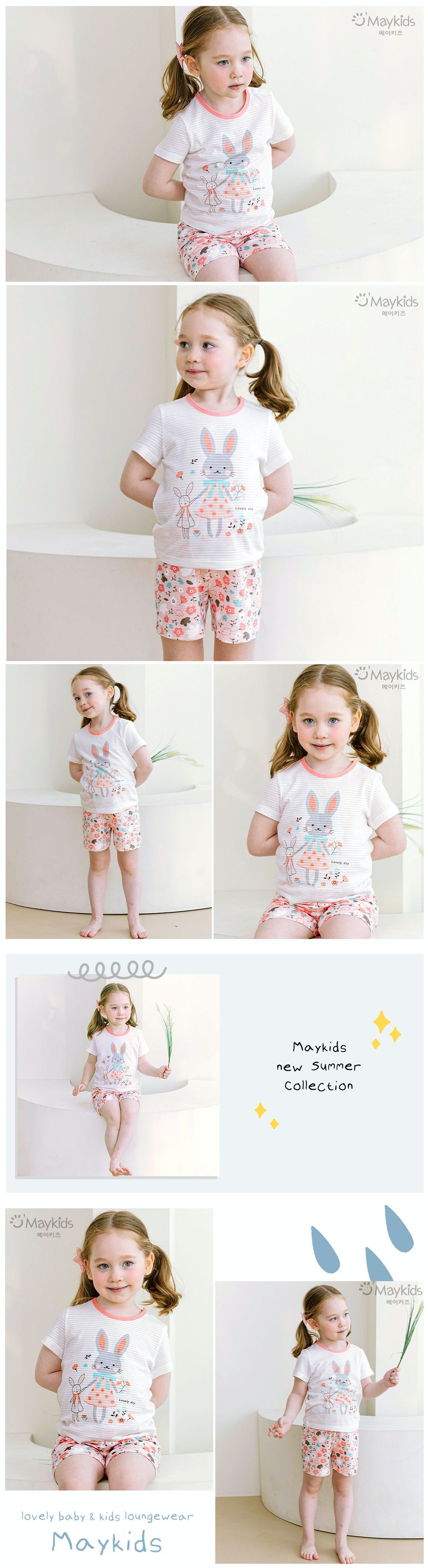 韓國 Maykids - 有機棉透氣輕薄短袖家居服-花朵小兔