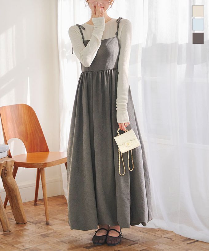 日本 Kobe Lettuce - 蝴蝶結肩甜美氣球下擺吊帶洋裝-炭灰