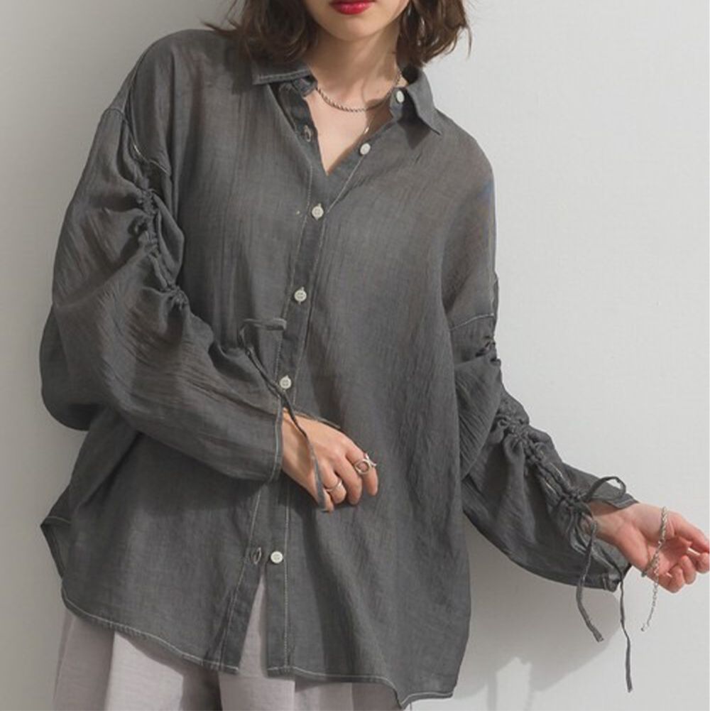 微透膚丹寧風柔美抽繩長袖襯衫-黑