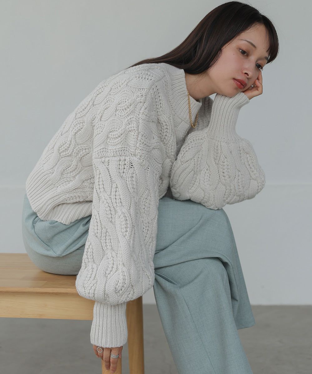 日本 Bab - 麻花編織圓領泡泡袖毛衣-粉膚