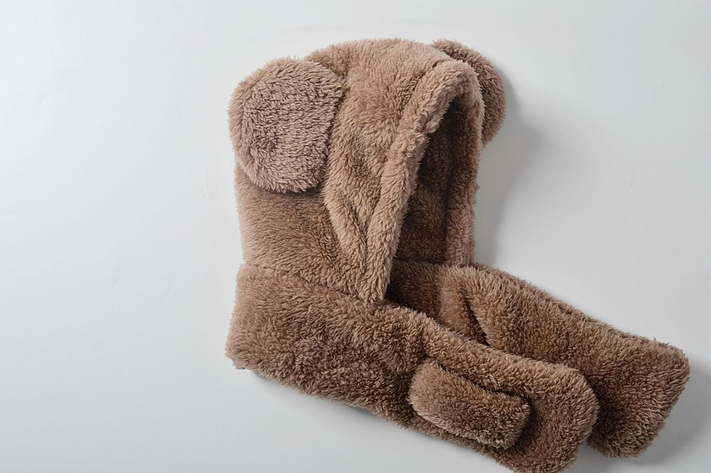 毛絨絨圍脖一體帽-小熊耳朵-咖啡色 (M(約3歲到8歲))