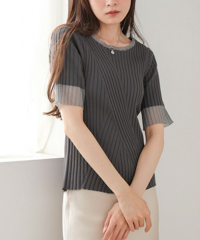 日本 Bab - 柔美異材質顯瘦羅紋五分袖上衣-炭灰