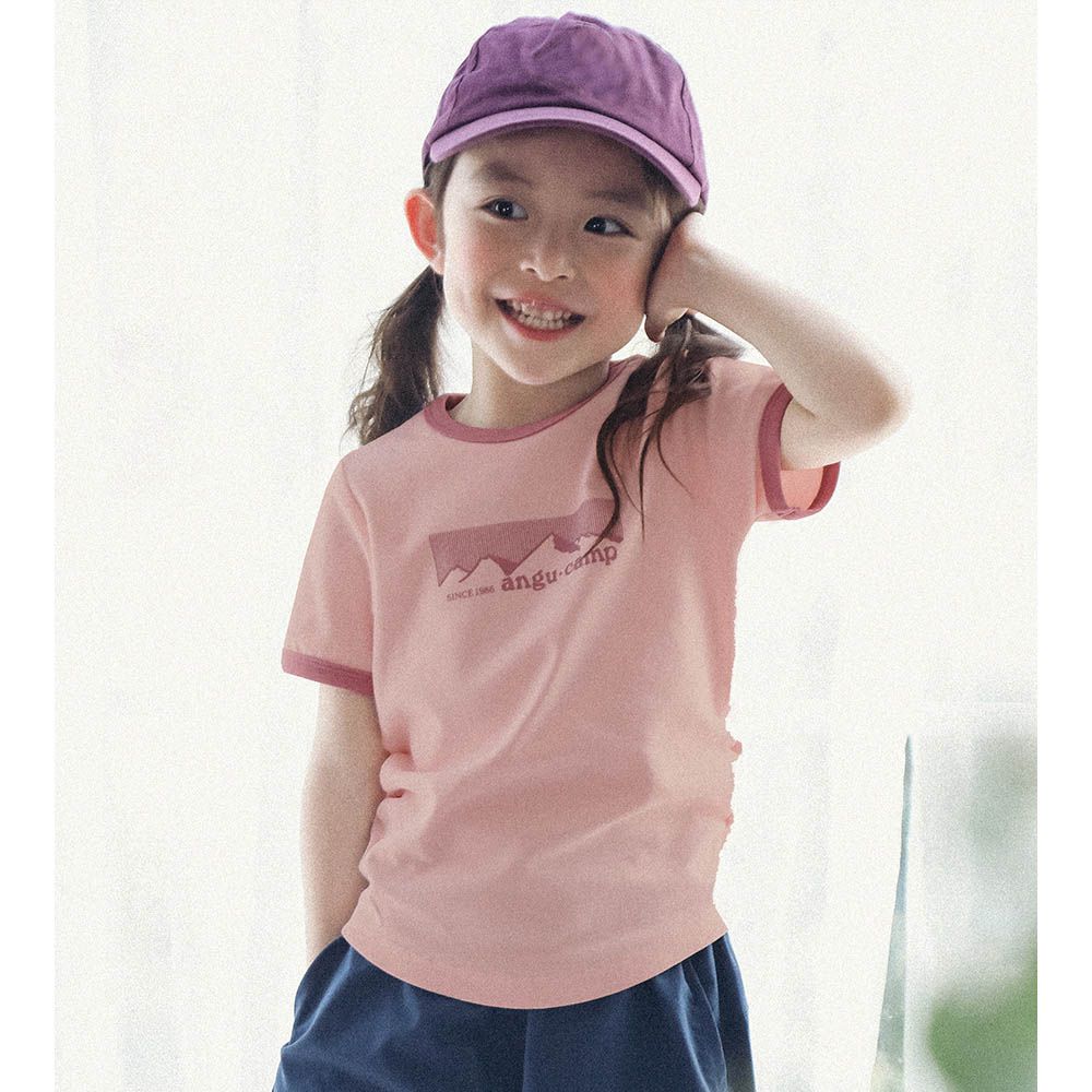 棉質圓領短袖上衣-撞色滾邊側抓皺-粉色