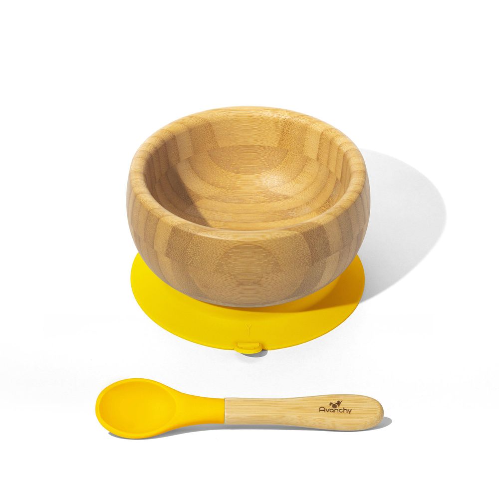 Avanchy - 有機竹製吸盤式餐碗套裝-附有機竹製矽膠湯匙-短柄-黃
