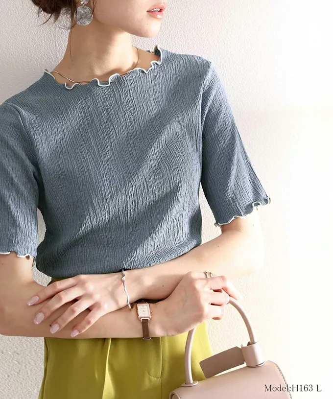 日本 Classical Elf - 氣質紋理木耳邊短袖上衣-米杏