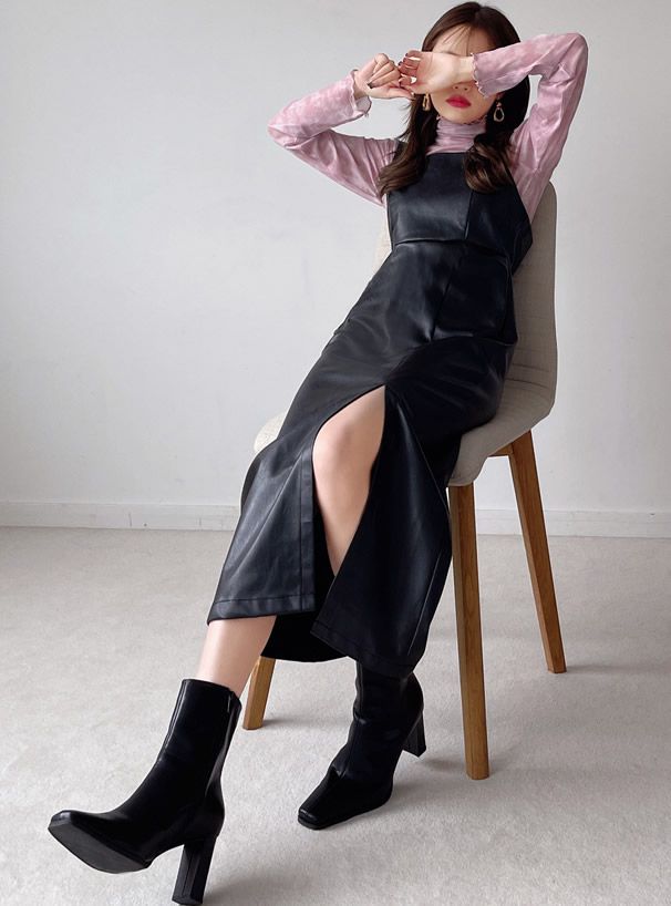 日本 GRL - 帥氣皮質開衩吊帶洋裝-簡約黑