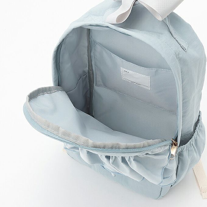 日本 petit main - 夢幻荷葉邊刺繡後背包／書包-靛藍-F (30x20x10cm)