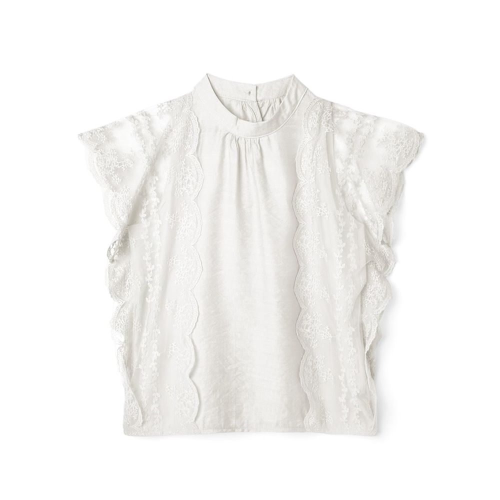 日本 GRL - 氣質透膚蕾絲拼接2分袖上衣-天使白
