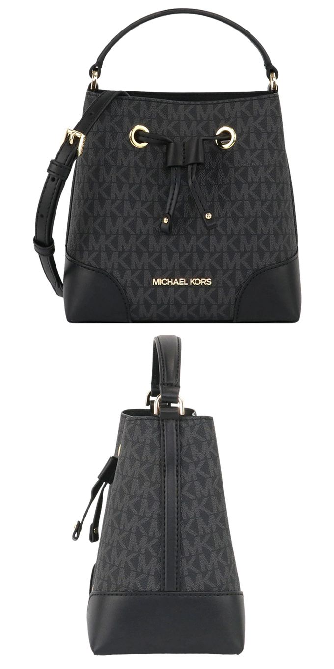 MICHAEL KORS - 滿版LOGO拼接皮革水桶包 (黑灰)