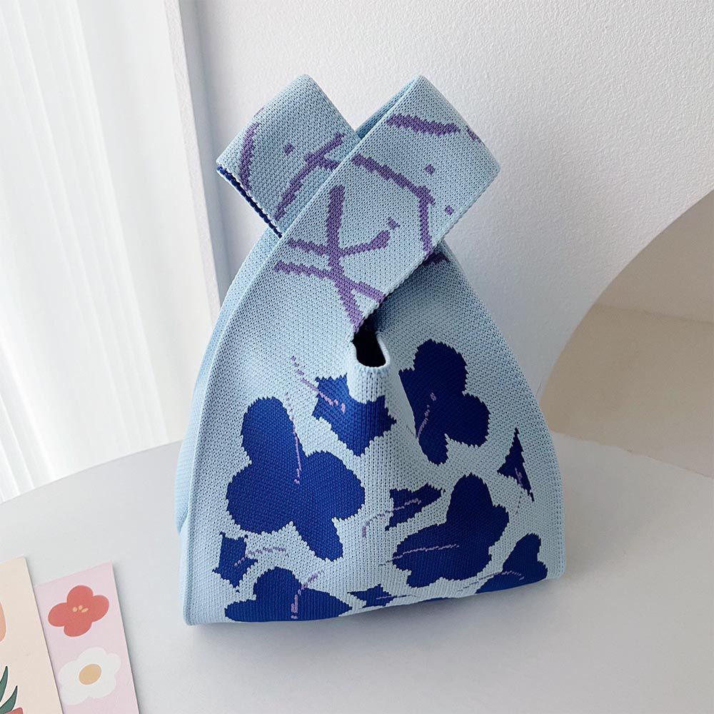 輕便休閒針織手拿包/手提包-藍色花朵 (20x35cm)