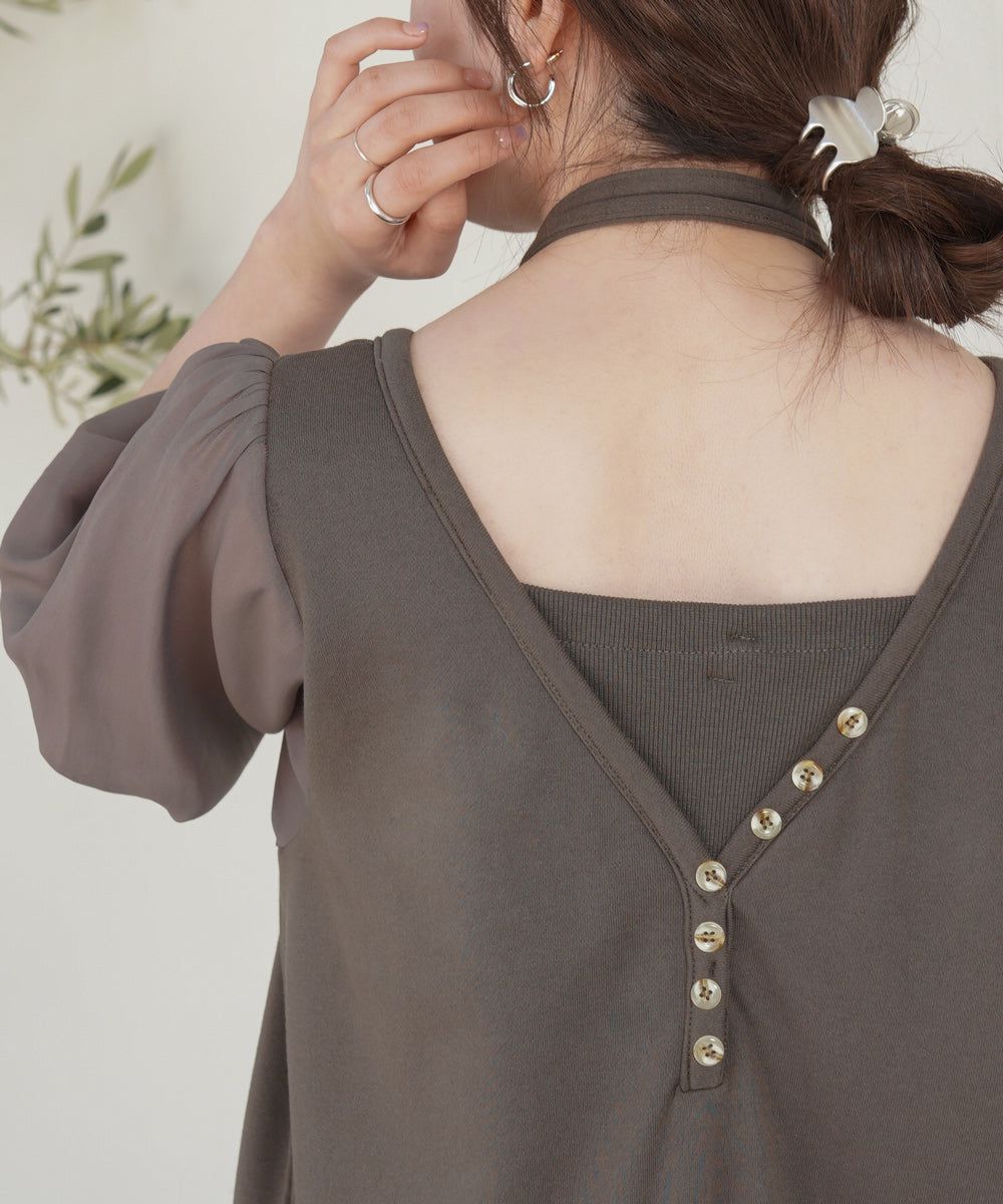 日本 Bab - 優雅綁帶V領泡泡袖洋裝-淺摩卡