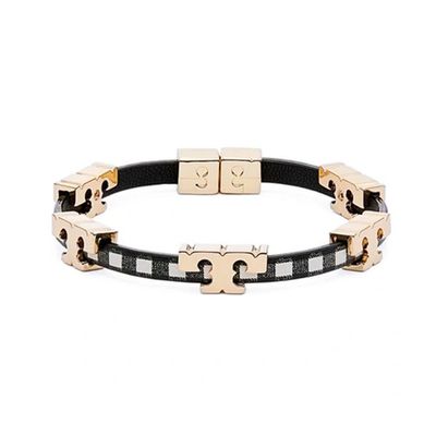 TORY BURCH - 黑白格皮革T字金屬LOGO手環