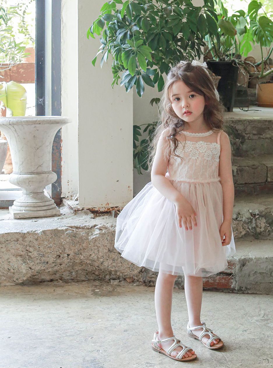 韓國 Puellaflo - 刺繡花朵透膚領網紗洋裝-粉