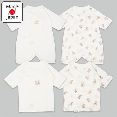 akachan honpo - 長袖新生兒內衣4件組有機棉-米白色 (50~60cm)-日本製