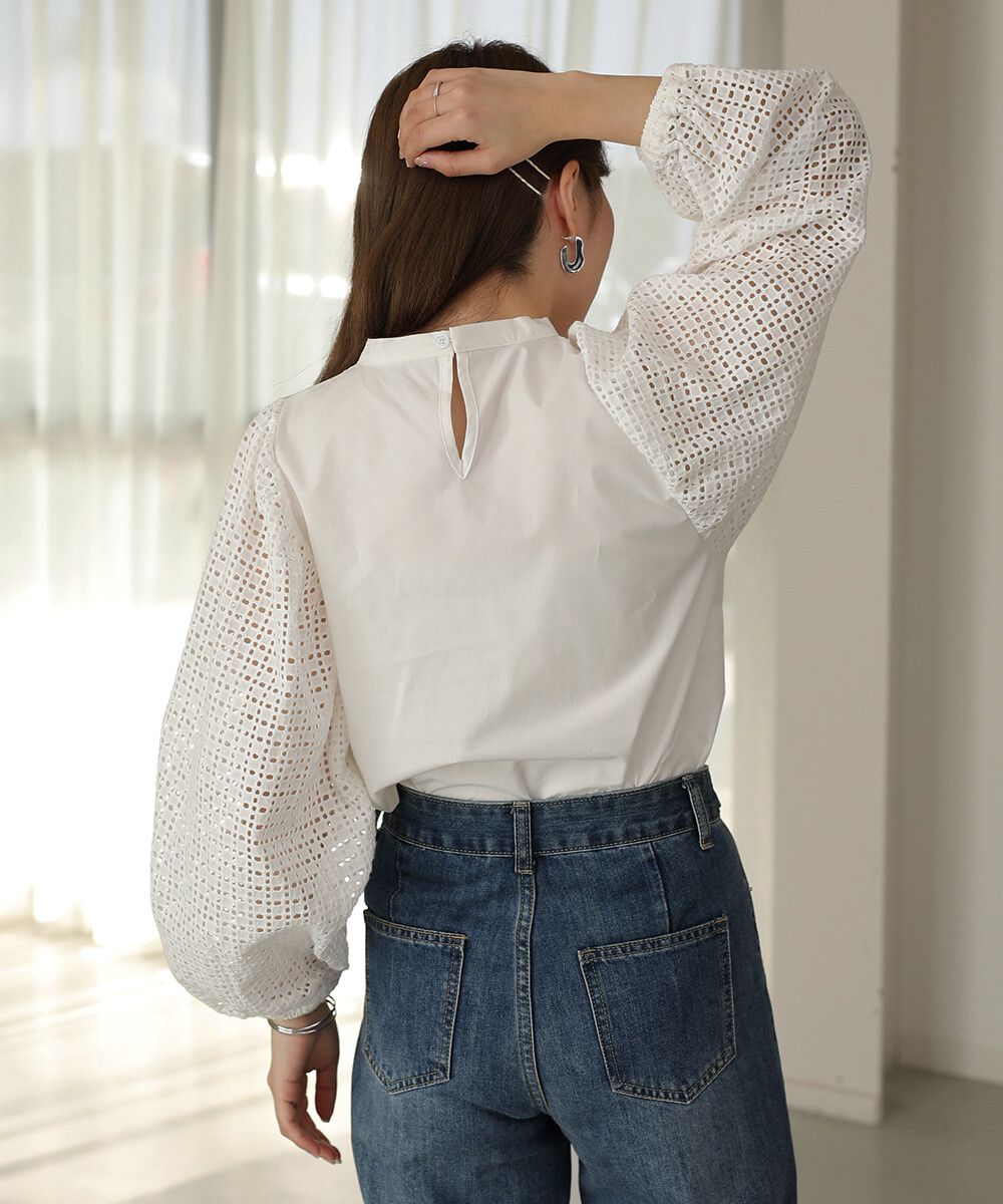 日本 Bab - 棉質立領雕花泡泡袖上衣-氣質米