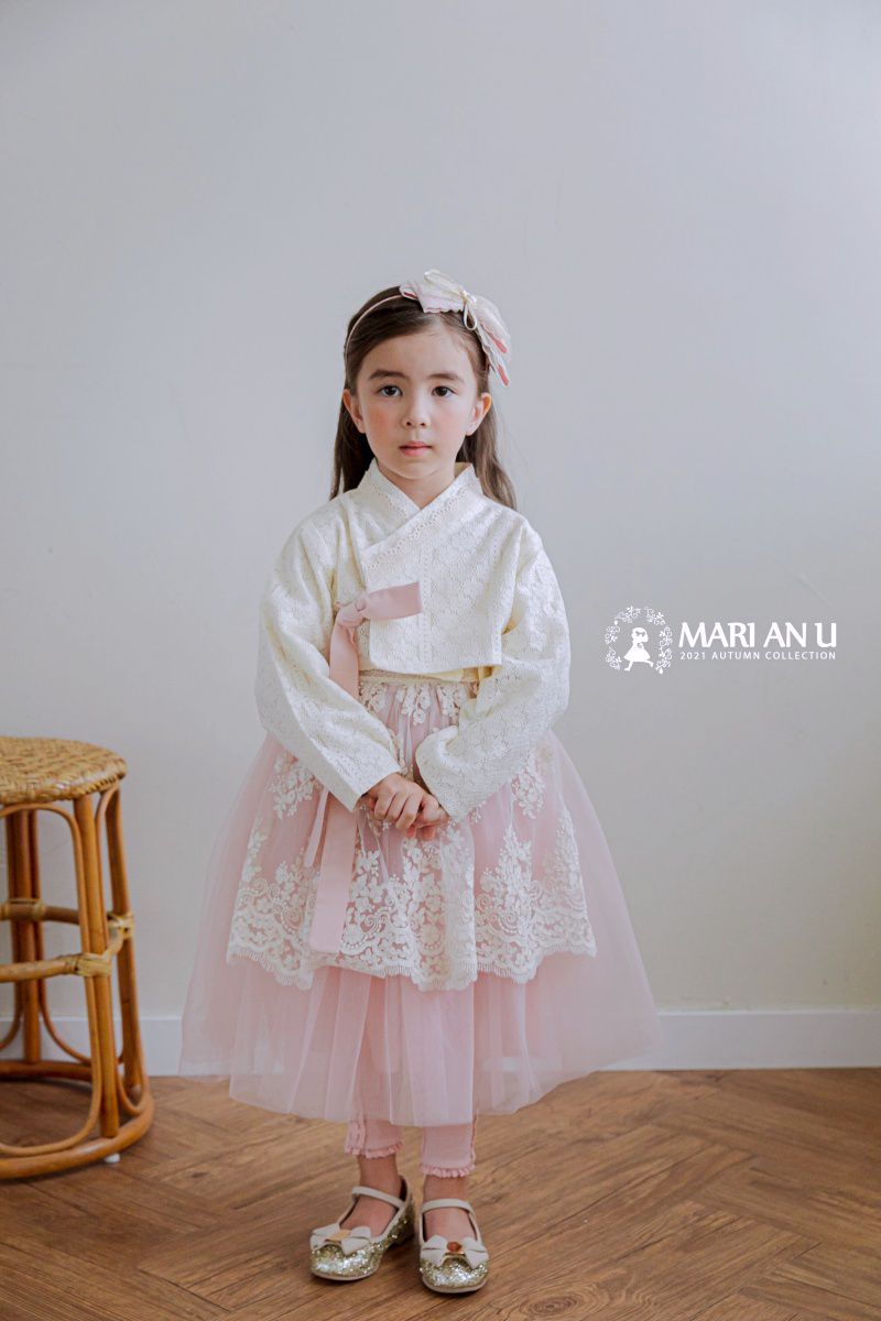 韓國 Mari an u - 透膚蕾絲裝飾網紗韓服-米白X粉紅