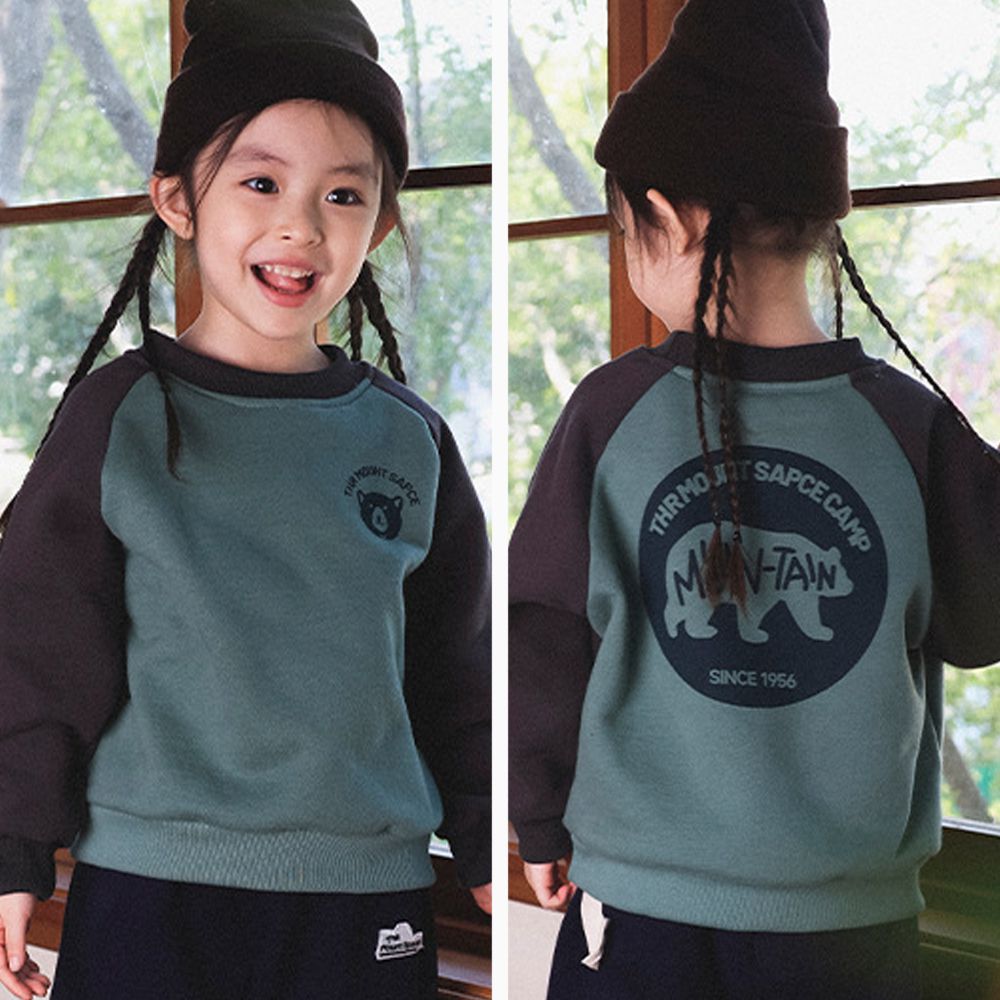 加絨撞色拼接長袖上衣/大學T-前後印花-灰綠