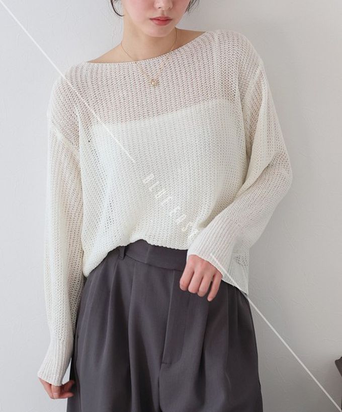 日本 BLUE EAST - 典雅船領閃爍亮片網眼針織上衣-米黃