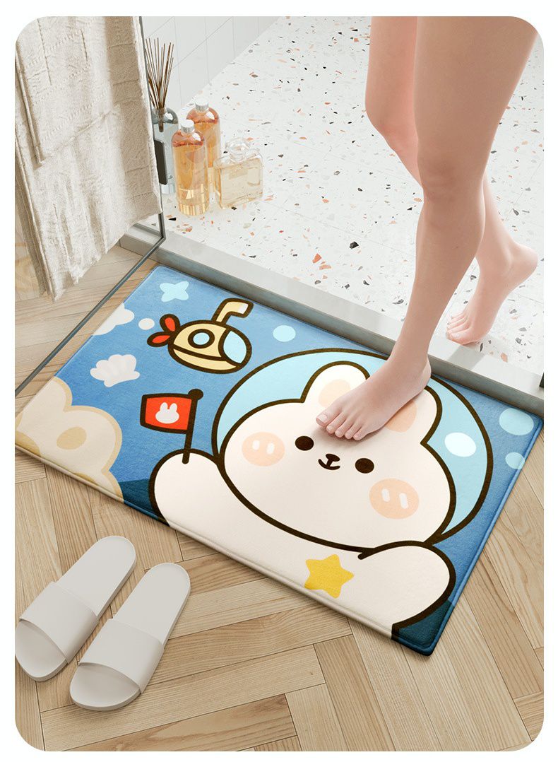 快速吸水法蘭絨浴室腳踏墊-萌萌獅子-藍色