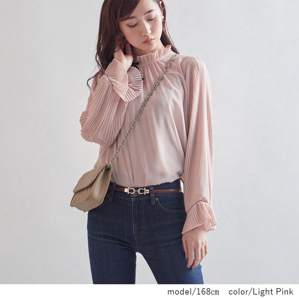 日本女裝代購 - 荷葉滾邊細百摺長袖雪紡上衣-杏