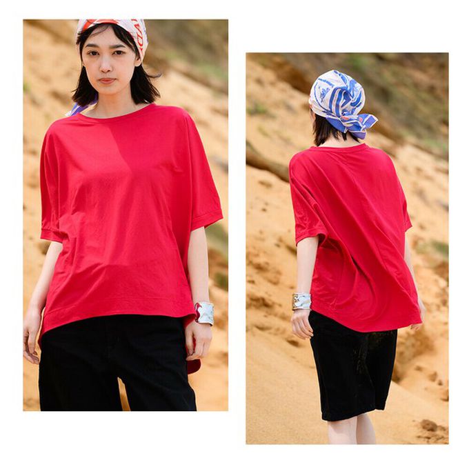 日本 OMNES - 接觸冷感 嫘縈休閒廓形短袖上衣-紅