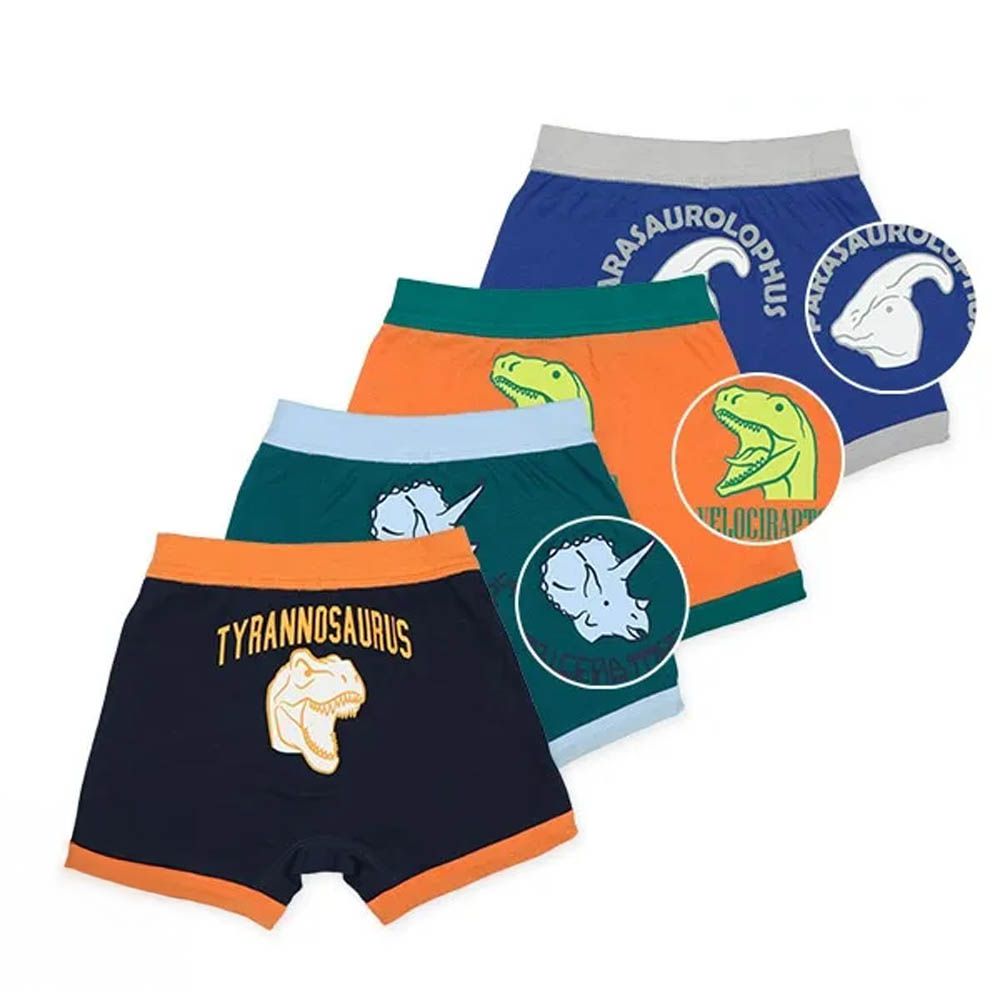 混棉男孩四角內褲(4件組)-恐龍-黑綠橘藍