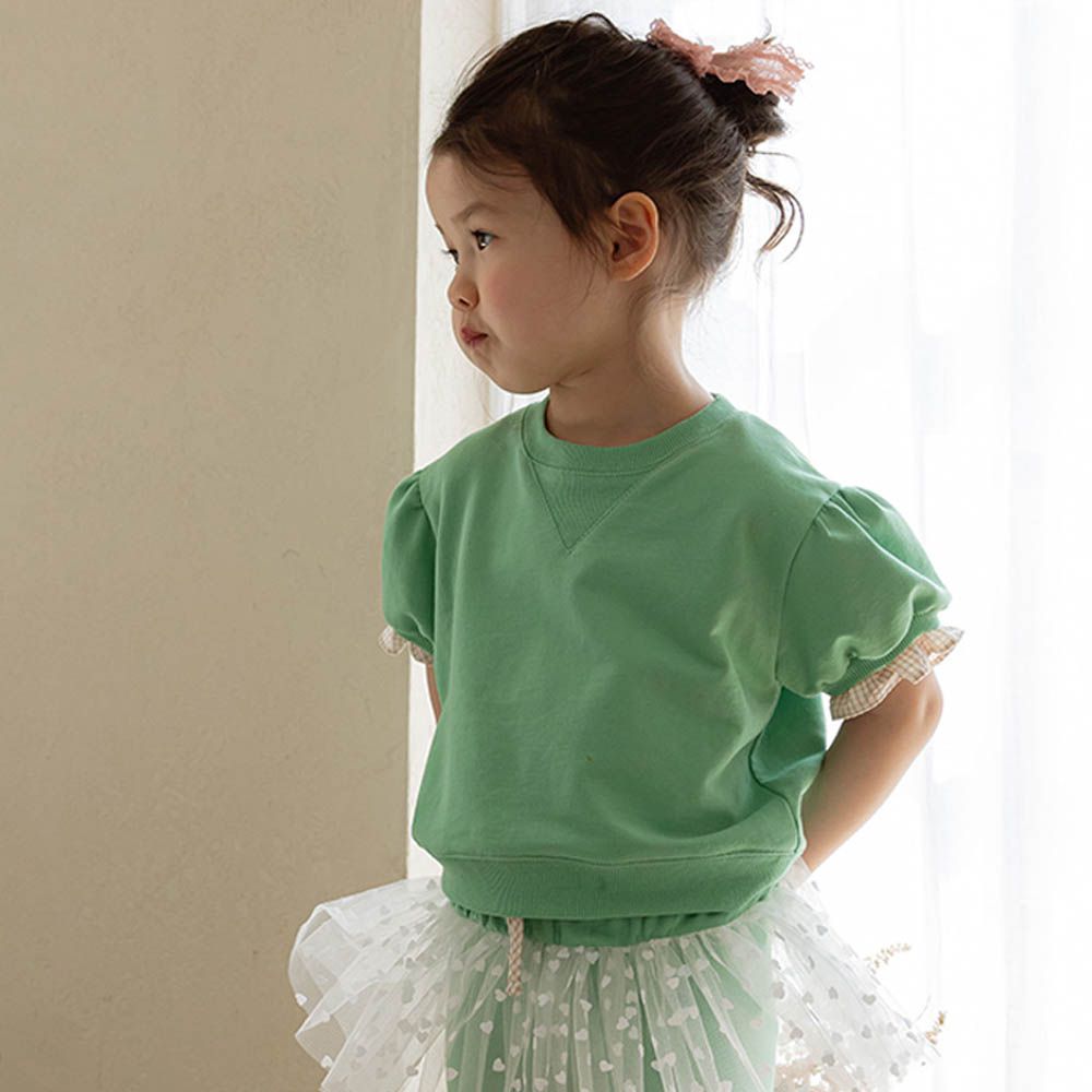 簡約格紋點綴短袖大學T-綠