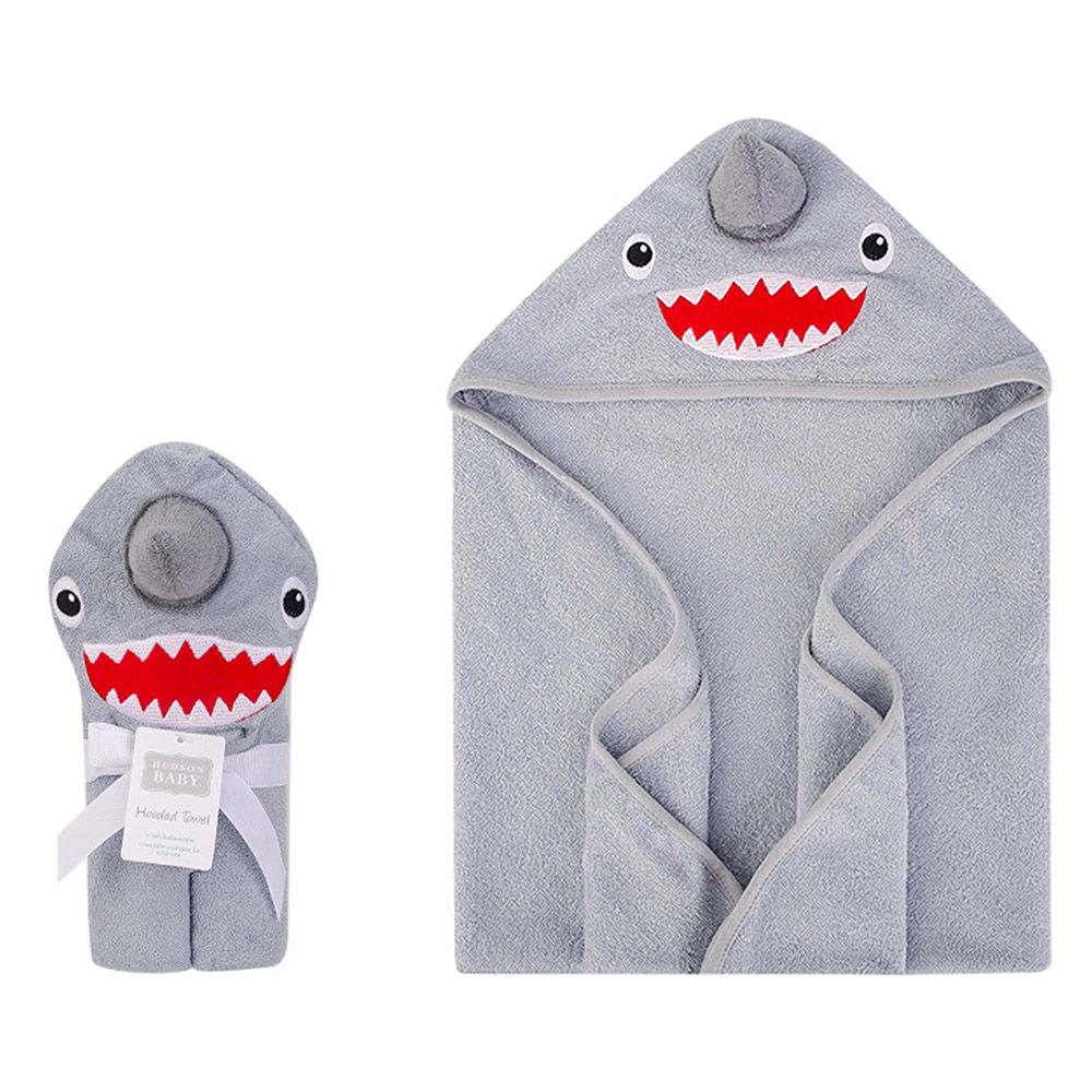 美國 Luvable Friends - 甜蜜寶貝嬰幼兒動物造型連帽浴巾/包巾_76x76cm-灰鯊魚