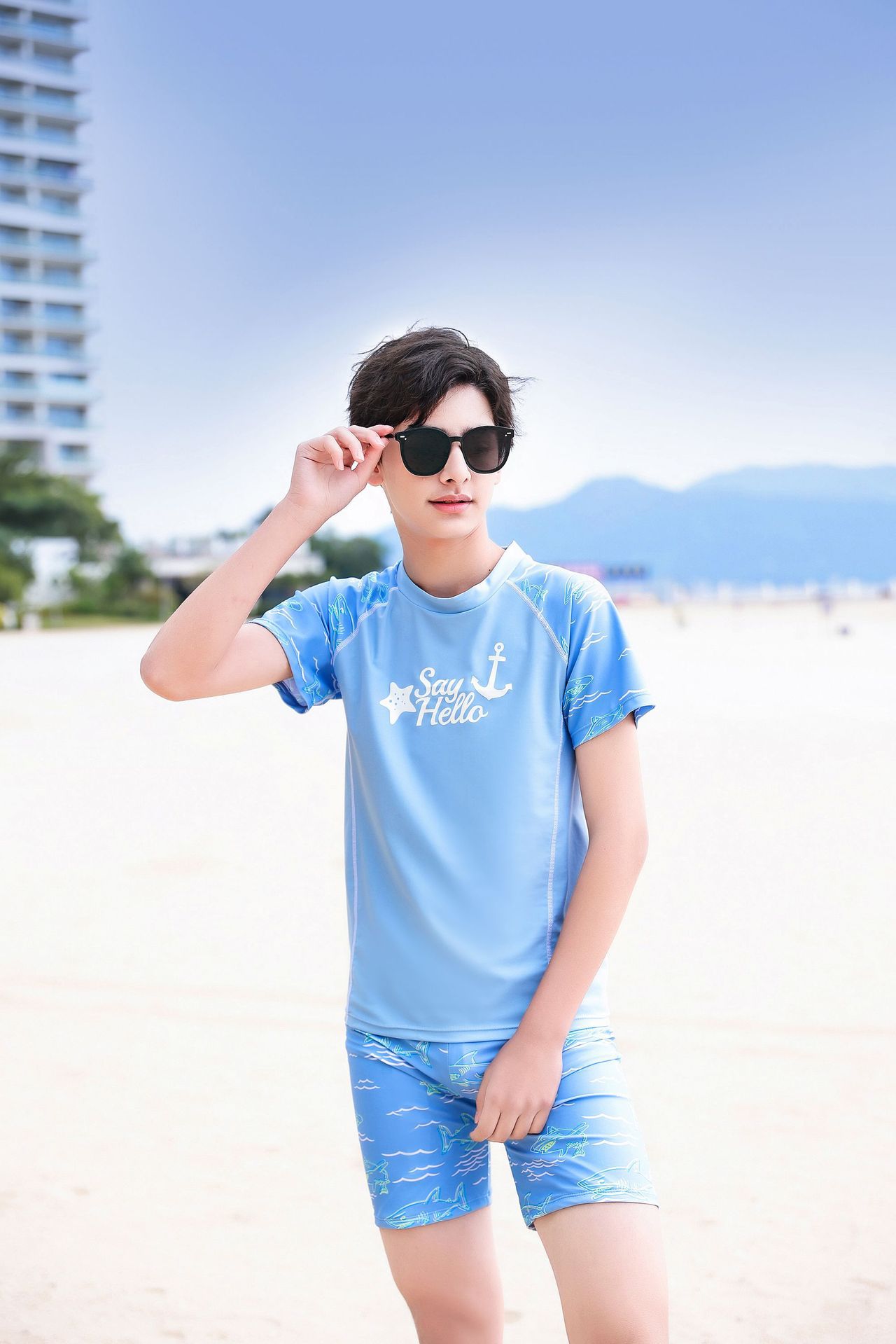 大童男孩短袖泳衣套裝(二件組)-星星船錨-淺藍色-泳衣、泳褲