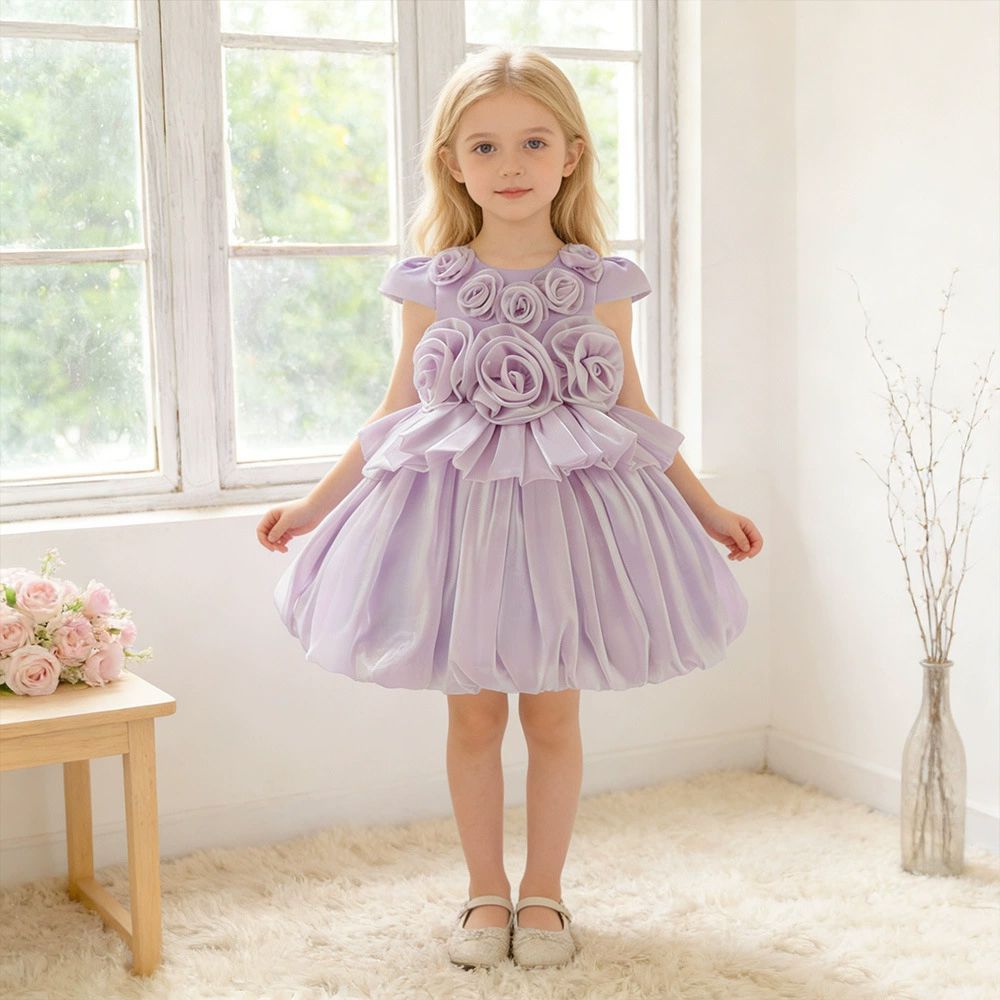 立體玫瑰花飾澎裙小禮服-紫色
