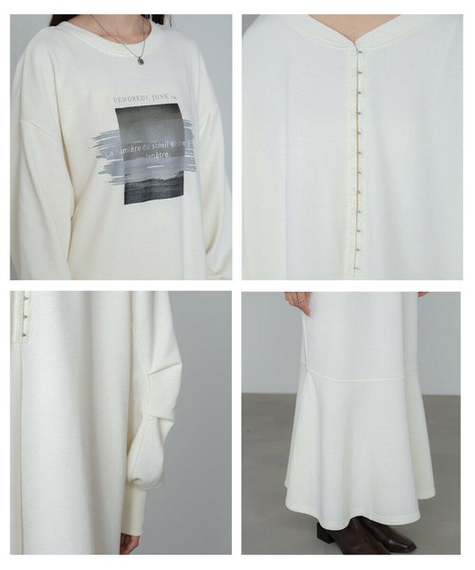 日本 Bab - 前後2way魚尾下擺休閒印花長袖洋裝-淺灰