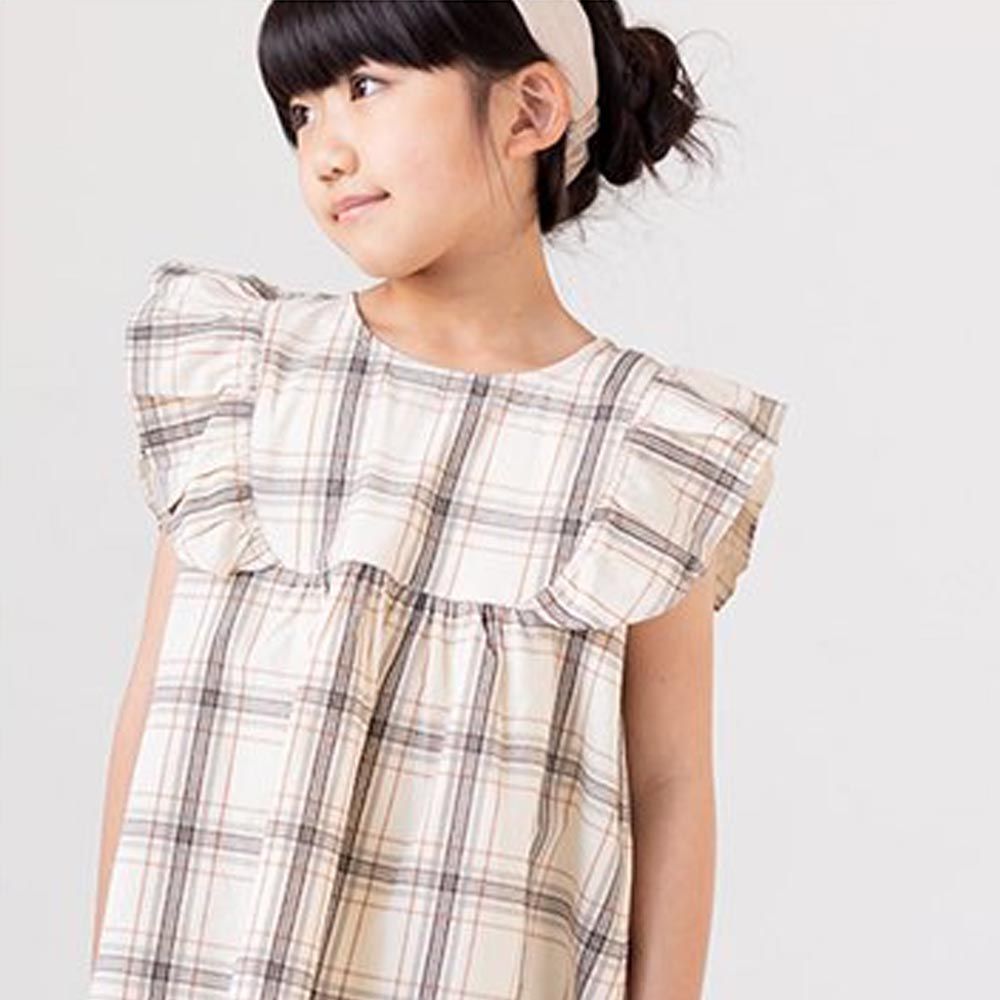 日本 Chil2 - 女孩印花純棉荷葉袖上衣-格紋-奶油杏